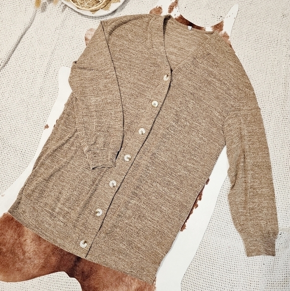 Neutral Marled Long Sleeve Drop Shoulder Button Down Midi Cardigan Small - Picture 4 of 10